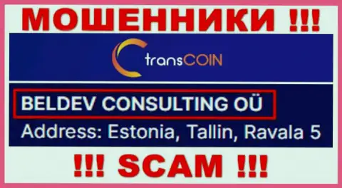 TransCoin - юридическое лицо разводил контора BELDEV CONSULTING OÜ