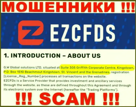 На сайте EZCFDS предоставлен офшорный адрес регистрации организации - Suite 305 Griffith Corporate Centre, Kingstown, P.O. Box 1510 Beachmout Kingstown, St. Vincent and the Grenadines, будьте весьма внимательны - мошенники