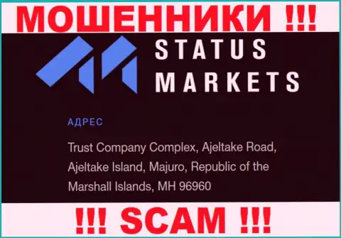 За лишение денег доверчивых людей internet-махинаторам StatusMarkets ничего не будет, потому что они пустили корни в офшоре: Trust Company Complex, Ajeltake Road, Ajeltake Island, Majuro, Republic of the Marshall Islands, MH 96960