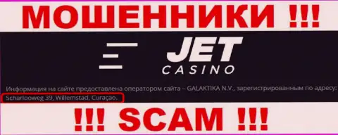 JetCasino скрываются на офшорной территории по адресу - Scharlooweg 39, Willemstad, Curaçao - это РАЗВОДИЛЫ !!!
