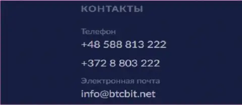 Номера телефонов и е-мейл онлайн обменника BTCBit Net