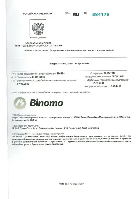 Описание фирменного знака Биномо в Российской Федерации и его владелец